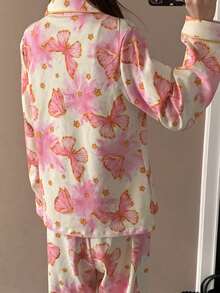 Spring/Summer 2-Piece Pink Floral Print Pajama Set, Women's Casual Collared Cardigan Long-Sleeved Top And Pants Set - Pink - View 3