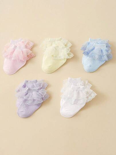 5 Pairs Spring/Summer Baby/Toddler Girls' Lace Ruffle Trim Breathable Soft Comfortable Fashion Socks, Suitable For Daily Wear Or Princess Dress Matching