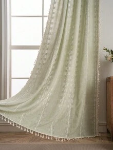 1pc Green & Beige Bohemian Tassel Hollow-Out Jacquard Knit Curtain, Nordic Style Pure Living Room Bedroom Home Decor, Holiday & New Year Decoration - Green - View 6