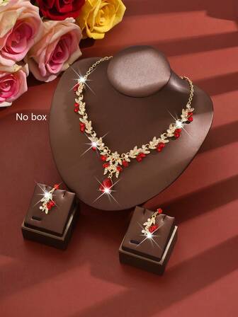 Luxury Wedding Party Jewelry Set, Rhinestone Decorated Shiny Necklace, Earrings, Bracelet Accessory Set For Gala