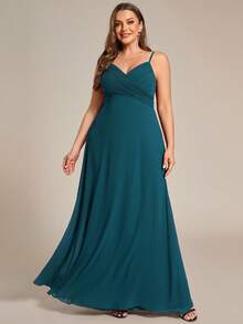 Elegant V-Neck Ruched Bust Bridesmaid Dress, Long Gown For Spring - Teal Blue - View 1
