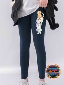 Girls' Cat Print Fleece Leggings, Children's Slim Fit Outdoor Sports Pants, Autumn/Winter New Cute Animal Print 3/4 Pants, Girls Outdoor Non-Pilling Trousers - Navy Blue - View 1