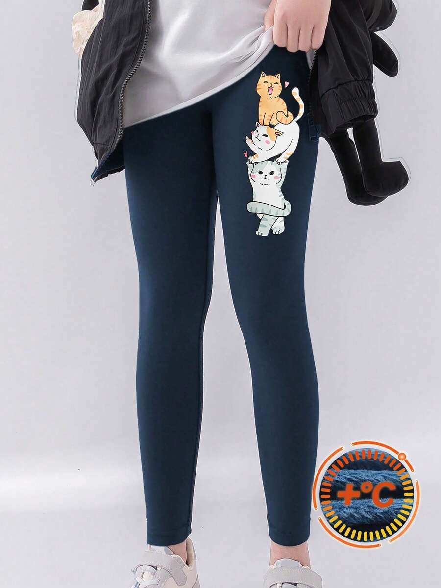 Girls' Cat Print Fleece Leggings, Children's Slim Fit Outdoor Sports Pants, Autumn/Winter New Cute Animal Print 3/4 Pants, Girls Outdoor Non-Pilling Trousers - Navy Blue - View 1