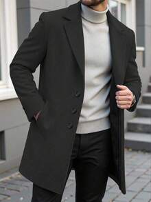 DOINLINE Gentleman's Autumn And Winter Solid - Color Medium - Length Coat, A High - End And Grand Standard Item For Mature Men. It Is Warm And Comfortable, A Boutique Coat With A Casual Double - Breasted  Design, A Full - Button Jacket Trench Coat, Handsome Men's Wear, Suitable For Outings, Meeting Friends And Business Parties. - 黑色 - 查看 1
