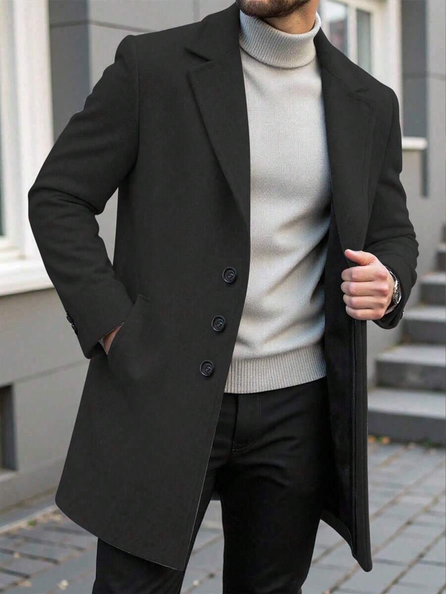 DOINLINE Gentleman's Autumn And Winter Solid - Color Medium - Length Coat, A High - End And Grand Standard Item For Mature Men. It Is Warm And Comfortable, A Boutique Coat With A Casual Double - Breasted Design, A Full - Button Jacket Trench Coat, Handsome Men's Wear, Suitable For Outings, Meeting Friends And Business Parties. - 黑色 - 查看 1