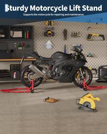 Kit de elevación de caballete para motocicleta global: acero resistente de 407 kg, cabezales de horquilla y basculante ajustables, antideslizante, fácil de montar, soporte para ruedas delanteras y traseras, mantenimiento y reparaciones, soportes delanteros y traseros | Rojo - Rojo - Ver 5