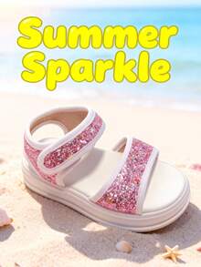 新款轻便防滑厚底沙滩凉鞋，女童闪亮凉鞋，公主风软底防滑魔术贴凉鞋 - 粉色 - 查看 5