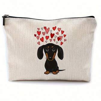 Dachshund Fabric Cosmetic Bag - Women's Travel Toiletry Makeup Bag - Gift For Dachshund Lovers - Valentine's Day Themed Dachshund Mom Gift, DIY Craft, Beading Storage, Beading And Jewelry Making