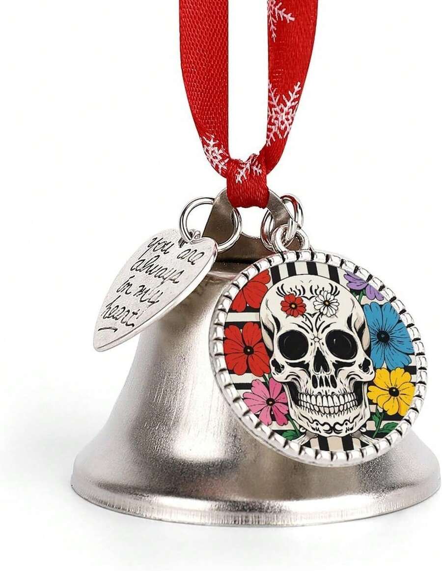 Adornos de campana de Navidad, esqueleto y flores, campanas de Navidad en blanco y negro, colgante de árbol de Navidad de plata vintage con dije rústico, regalos de de boda para decoración del - Campana del amor - Ver 1