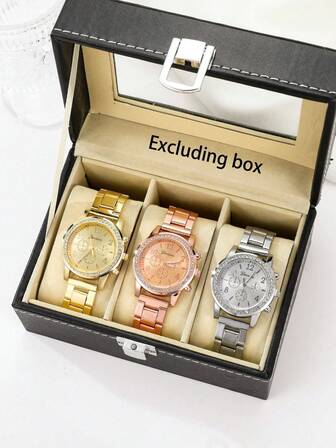 3 件套优雅时尚休闲简约数字水晶刻度合金表带石英表组合套装，理想礼物