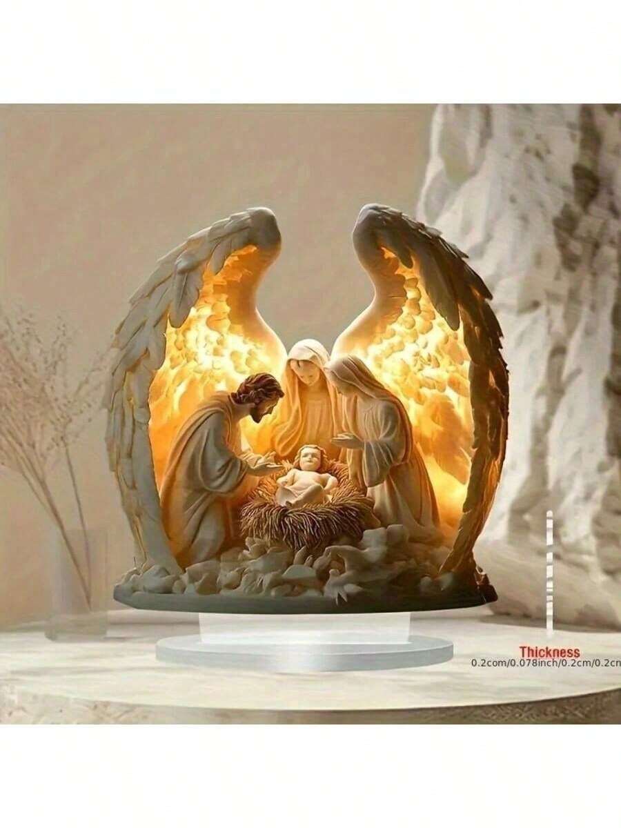 Decor de birou 2D acrilic cu scenă a Nașterii Domnului - Nașterea Domnului 2D plată și pașnică cu Maria, Iosif și Isus, lumină caldă, nu necesită alimentare, decor de bucătărie pentru interior, ornament de sărbătoare, decorațiune elegantă de înaltă calitate, atmosferă religioasă, cadou de Ramadan - Multicolor G - Vizualizare 1