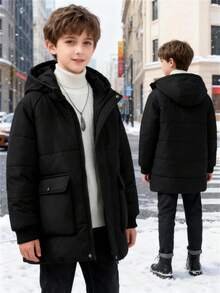Boys' & Teens' Casual Outdoor Simple Solid Color Padded Coat With Pockets, Autumn/Winter - Black - View 1