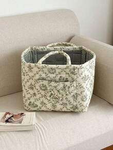 Floral Quilted Storage Basket, Large Capacity Portable Collapsible Organizer Bin With Handle, Suitable For Laundry, Toys, Cosmetics, Bathroom, Bedroom, Living Room Decor, Closet Organization - Multicolor - View 5