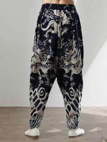 Men's Chinese Leisure Jogger Pants With Hip Hop Dragon Patterned Curved Traditional Harem Pants Baggy Sports Trousers - màu đen - Xem 3