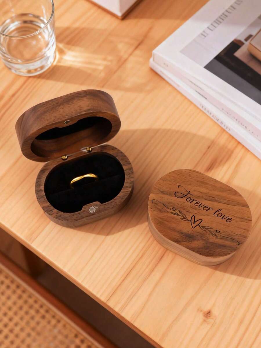 1PC 4-Style Optional Engraved Solid Wood Ring Box - Multi-Slot With Love & Forever Love Prints, Vintage Rustic Dark Wood Finish, Soft Fabric Lining, Wedding Engagement Proposal Ring Bearer Box, Gift For Couples