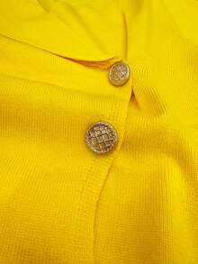 Plus Size Women Elegant Casual Solid Color Asymmetric Hem Crew Neck Sweater With Metal Button Design, Autumn/Winter - Yellow - View 4