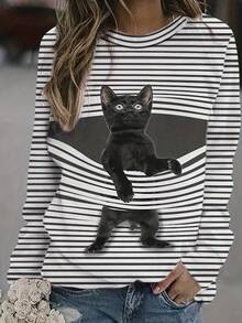 Women'S Elegant Striped Long Sleeve Sweatshirt With Cat Print - Cozy Fall/Winter Casual Pullover, Soft & Comfortable, Perfect For Casual Attire, Casual Wear Sweatshirt |   Striped Sweatshirt |   Construction, Cat Sweatshirt - style - 查看 1