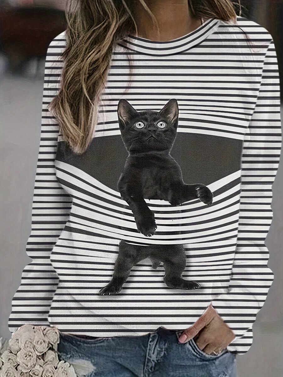 Women'S Elegant Striped Long Sleeve Sweatshirt With Cat Print - Cozy Fall/Winter Casual Pullover, Soft & Comfortable, Perfect For Casual Attire, Casual Wear Sweatshirt |   Striped Sweatshirt |   Construction, Cat Sweatshirt - style - 查看 1