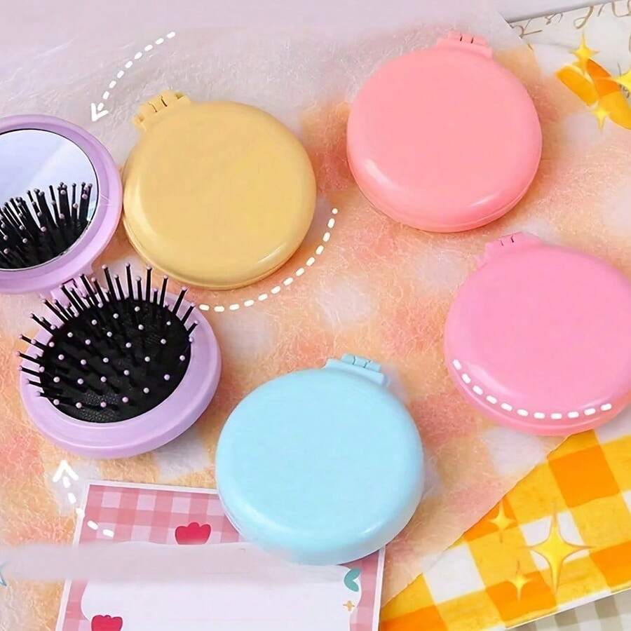 5pcs/Set Mini Round Air Cushion Comb, Foldable Portable Hair Brush With Makeup Mirror, Suitable For Travel, Home, Outdoor, Random Color - Multicolor - View 1
