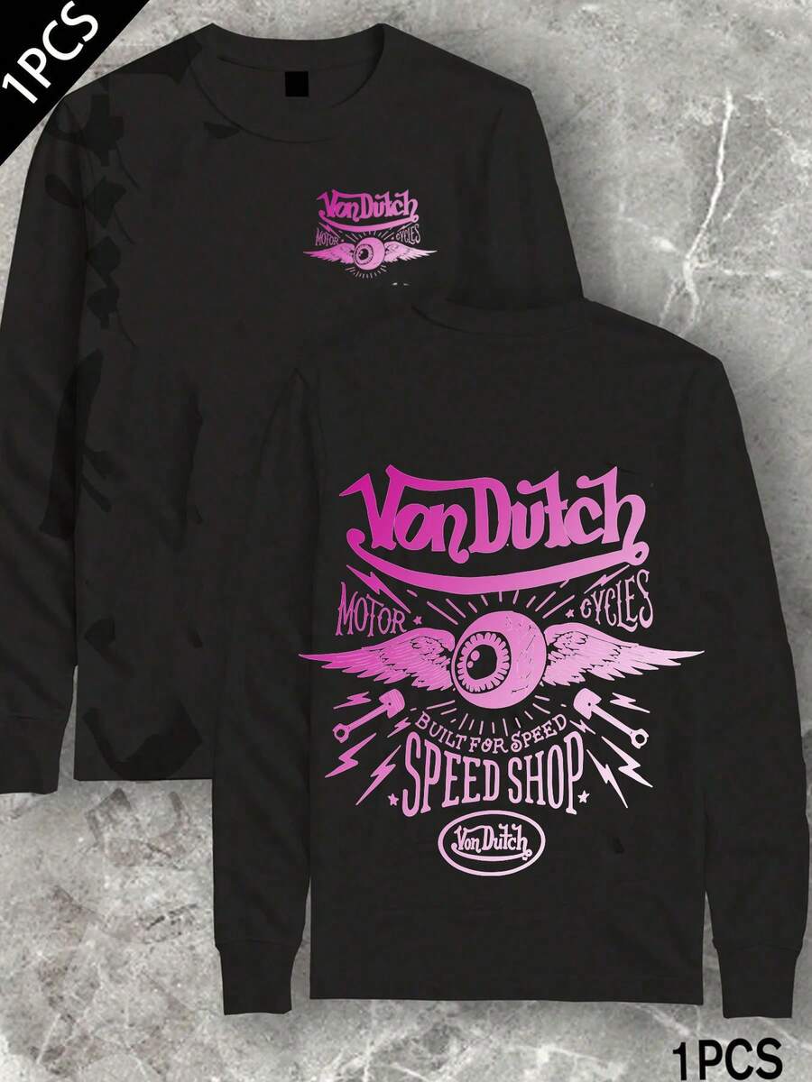 Van Dutch Speed Shop Vintage Printed T-Shirt Men's Hip-Hop Graphic Long Sleeve 250g Cotton, Early Spring Pick, Perfect For Holiday Gifting, Multiple Colors Available - 黑色 - 查看 1
