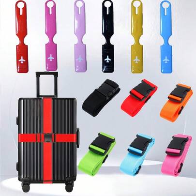 4条旅行行李带+行李牌，2米长耐用尼龙打包带，航空识别标签，适合旅行者、学生、商务通勤者，防水旅行必备，邮轮旅行必备，度假必备，男女皆宜，旅行必备，假日必备，返校必备