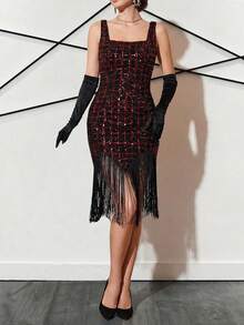 Đầm đen đính sequin tua rua, thích hợp cho phụ nữ tham dự các buổi tiệc, tiệc cocktail, tiệc sinh nhật, lễ hội, năm mới, Lễ Tạ ơn và các dịp khác. - Đỏ - Xem 4