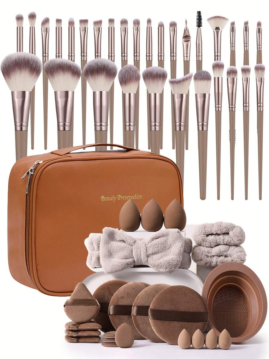54件套化妆刷套装，多功能刷具，适用于粉状、液状、膏状化妆品，化妆工具套装包含遮瑕刷、化妆海绵和化妆包 - 棕色 - 查看 1
