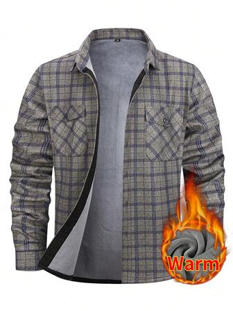 1pc Christmas Gift Men's Flannel Warm Shirt, Casual Plaid Long Sleeve Thickened Thermal Lined Shirt With Pockets For Autumn/Winter