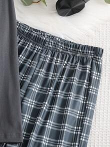 男童空调房居家服套装，长袖上衣搭配格子裤，防踢保暖，“Hi”印花衬衫搭配黑白格子裤，面料舒适，适合春、秋、夏三季穿着。 - 深灰色 - 查看 7