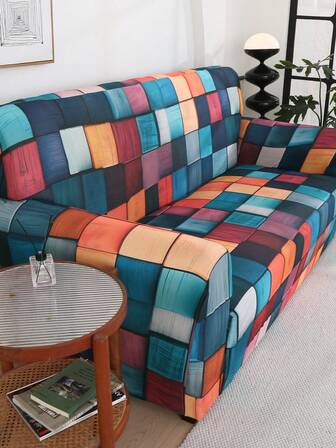 1pc Fashionable Home 3D Color Grid Watercolor Art Elastic Sofa Cover, Fully Digital Printed To Create A Romantic And Vibrant Space, Soft And Comfortable Fabric, Furniture Protective Cover, Perfect Gift For Easter, Mother's Day, Father's Day, Graduation Season, Universal In All Seasons