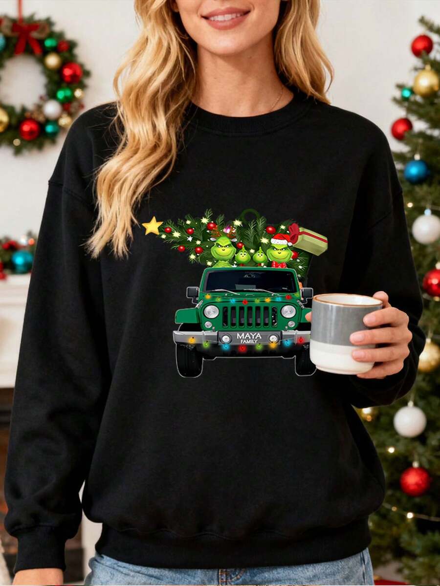 Camiseta de sudadera para mujer con estampado de , árbol de Navidad y , ideal para fiestas navideñas, regalo para amantes de la Navidad, cómoda y cálida para usar en casa o en la calle - Negro - Ver 1