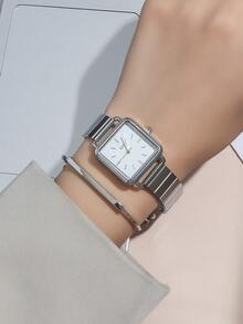 2件方形钢带手表+手链套装，适合日常搭配，生日，女士礼物，周年纪念，年终促销，光棍节，万圣节促销，无礼盒 - 銀色 - 查看 4
