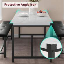 3 piezas Blanco Mármol Juego de Comedor Industrial Moderno con Mesa y 2 Bancos para Espacios Pequeños, Comedor y Apartamento - Blanco y Negro - Ver 6