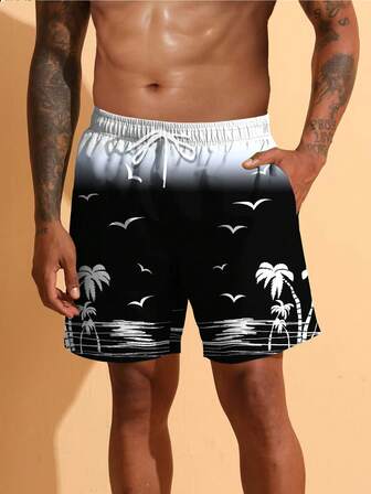 男士泳装渐变色度假沙滩短裤，夏季海滩户外椰树印花休闲短裤 - 抽绳速干。夏威夷