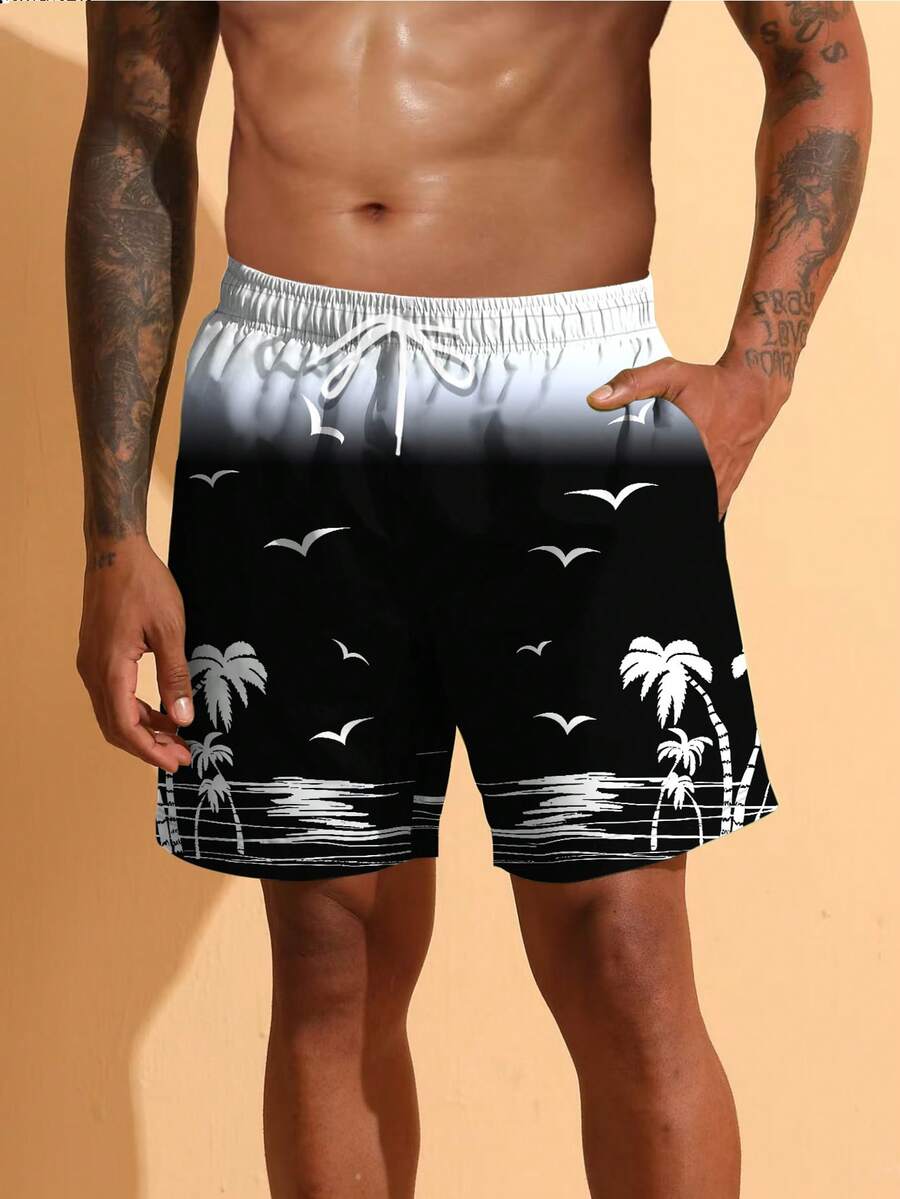 Pantaloni scurți de plajă pentru bărbați, cu imprimeu de cocos, în gradient de culoare, pentru vară, plajă, în aer liber, pantaloni scurți casual - cu șnur, uscare rapidă. Hawaii - Multicolor - Vizualizare 1