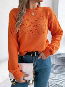 Stylish Women's Round Neck Long Sleeve Orange Sweater Regular Length Knitted Fabric With Hollow Out Accents For Casual Wear - 橘色 - 查看 1