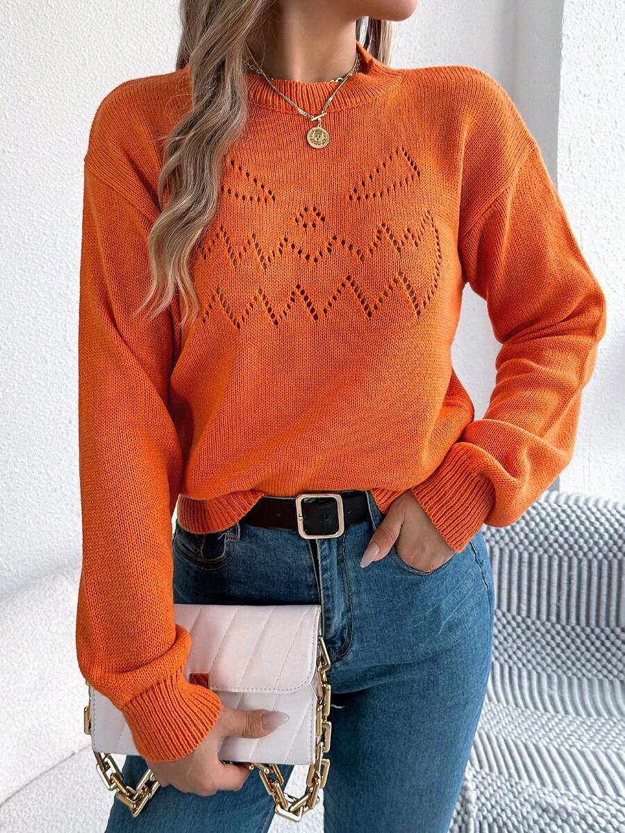 Stylish Women's Round Neck Long Sleeve Orange Sweater Regular Length Knitted Fabric With Hollow Out Accents For Casual Wear - 橘色 - 查看 1