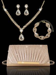 闪耀优雅的女士水钻晚宴包/手拿包，精致褶皱派对包/单肩包/钱包，搭配闪亮水钻三件套：高端水钻吊坠项链、耳环、手链，以及闪亮亮片晚礼服，适合参加派对、舞会、聚会、晚宴等场合。