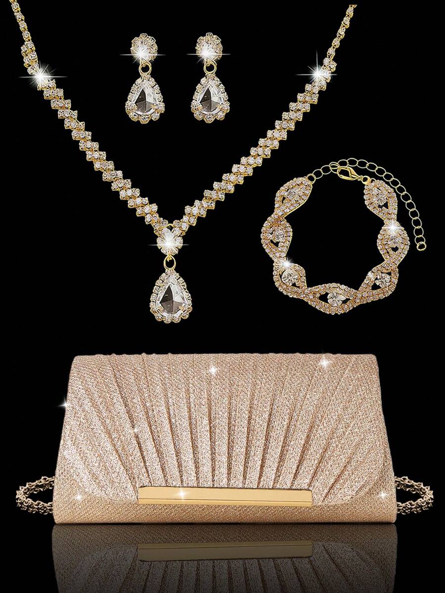 闪耀优雅的女士水钻晚宴包/手拿包，精致褶皱派对包/单肩包/钱包，搭配闪亮水钻三件套：高端水钻吊坠项链、耳环、手链，以及闪亮亮片晚礼服，适合参加派对、舞会、聚会、晚宴等场合。