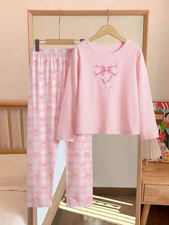 Set de 2 piezas de ropa casual para niñas, incluye camiseta de manga larga con estampado de mariposa y pantalones largos a cuadros, para primavera/otoño