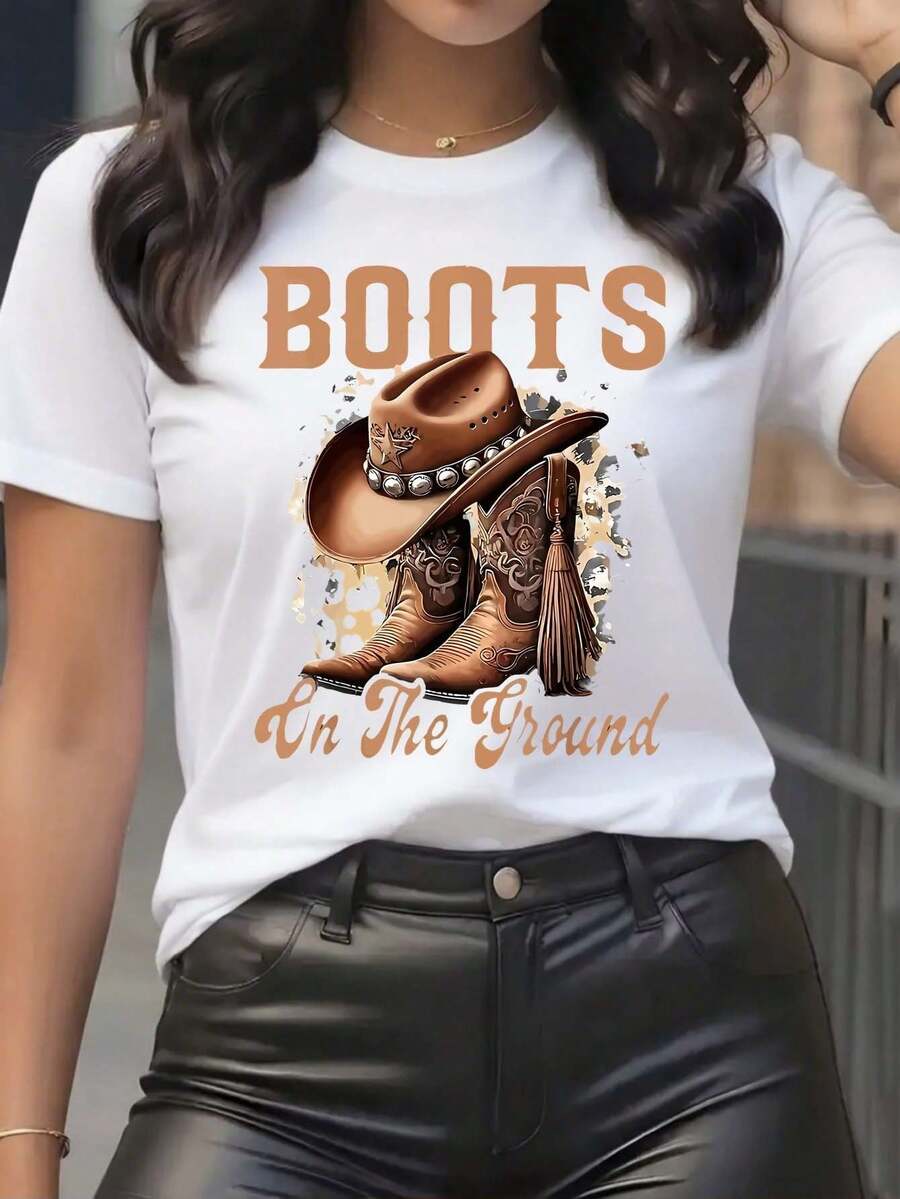 Women's Western Graphic Print Cotton T-Shirt - Boots On The Ground Cowboy Boots & Hat Design, Loose Fit Short Sleeve Round Neck Tee For Summer Casual Wear & Parties, Machine Washable - 白色 - 查看 1