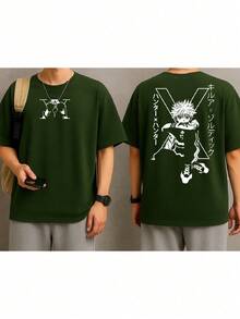 Hunter X Anime Manga Killua T-Shirt Fantasy Geek Unisex Male Female 100% Cotton Top Premium Streetwear Launch Immediate Shipping Various Colors!! Plus Size - xanh quân đội - Xem 2