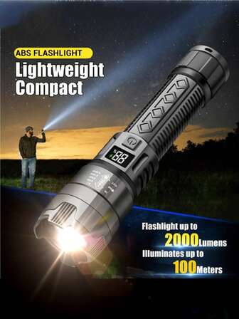 KENSUN 1pc High Power Super Bright LED Flashlight, USB Rechargeable, Tactical Flashlight With LCD Battery Level Display, Waterproof, Built-In Battery, For Outdoor Patrol, Camping Emergency, Camping Accessories