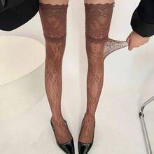 Calcetines de malla elegantes de encaje hasta el muslo, con patrn floral retro, de nailon elstico sobre la rodilla, para mujer, 8 colores, opcin, elegantes calcetines de nailon para encima de la - inicial - Ver 6