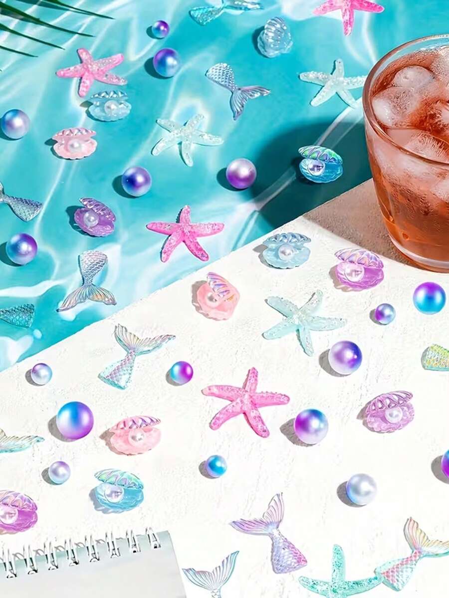 24pcs/12pcs Mermaid Ocean Theme Party Centerpiece, Colorful Seashell, Fish Tail, Starfish Filler For DIY Phone Case Decor, Shower, Wedding, Birthday Party, Holiday Home Dining Table Decoration - Multicolor - View 1
