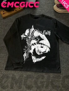EMCGICC Manfinity Y2k Long Sleeve Shirts ,Graphic T Shirt Cotton 250g,Fashionable Hip-Hop For Men -  Long Sleeve T-Shirts, Funny Vintage Shirts,Regular Fit, Street Style, Digital Print,  Ideal Gift - 黑色 - 查看 1