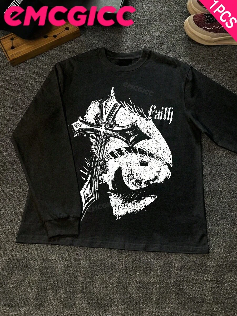 EMCGICC Manfinity Y2k Long Sleeve Shirts ,Graphic T Shirt Cotton 250g,Fashionable Hip-Hop For Men - Long Sleeve T-Shirts, Funny Vintage Shirts,Regular Fit, Street Style, Digital Print, Ideal Gift - 黑色 - 查看 1