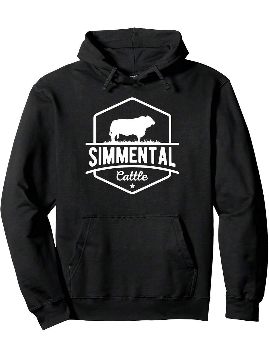 1pc Men-S Simmental Cattle Print Hooded Sweatshirt - Heavyweight Blend Pullover With Front Pocket, Medium Stretch Longeeve Hoodie For Farm-Themed Casual Wear, Swiss Alps-Inspired S_035 - 黑色11 - 查看 1