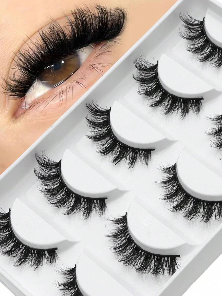 5对蓬松仿貂毛假睫毛，包含纤细、浓密、卷翘、3D自然和猫眼款式，适合派对和日常佩戴。