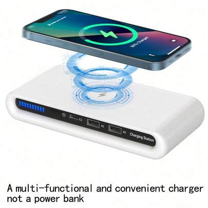 شاحن محمول متعدد الوظائف 4 في 1 مع منفذي USB مزدوج ونوع C وشاحن لاسلكي 15 واط للهواتف الذكية وسماعات الأذن البلوتوث والساعات الذكية والأجهزة اللوحية (ليس بنك طاقة)